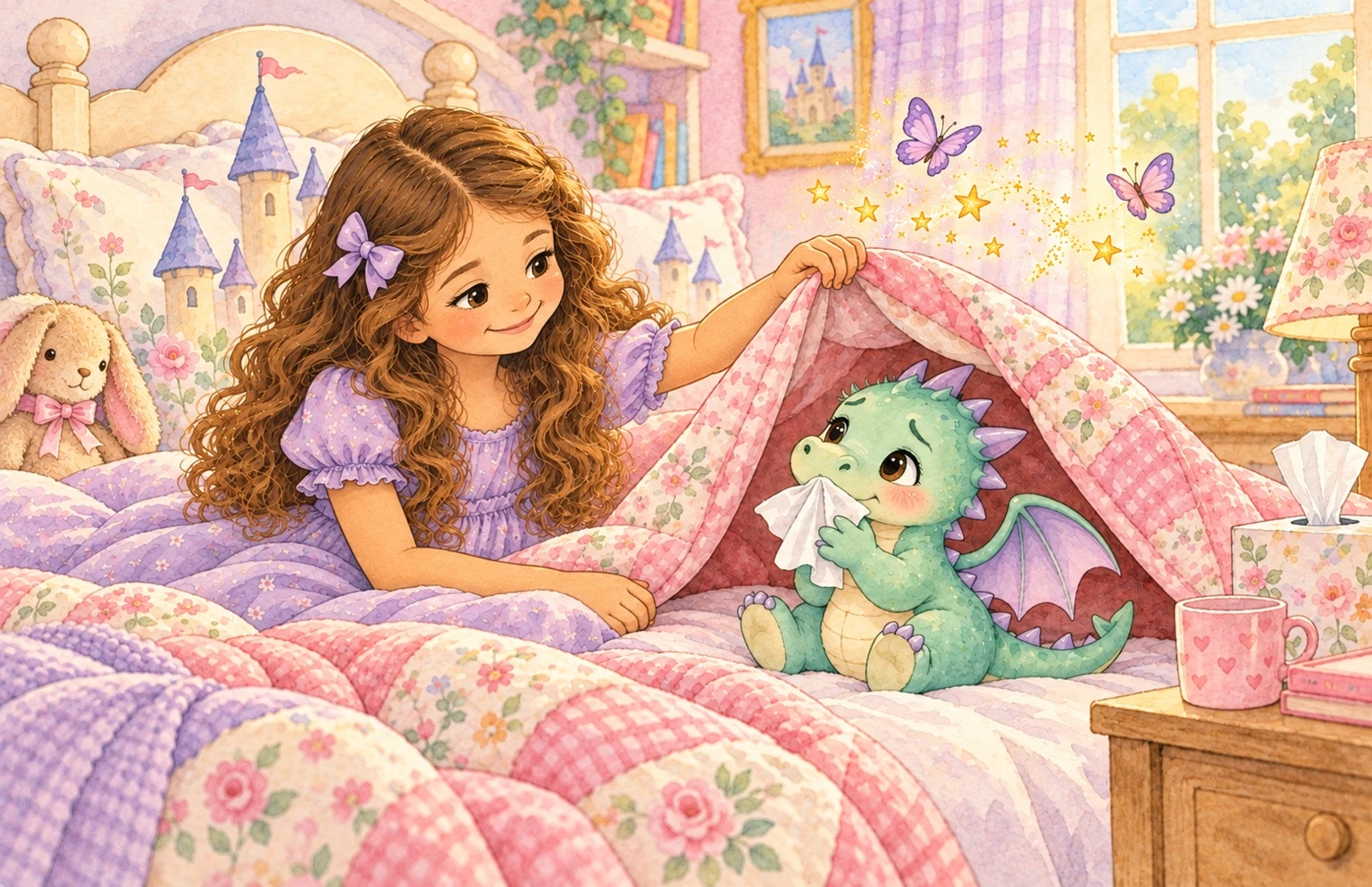 Ellie meets a tiny mint-green dragon beneath her pink quilt.