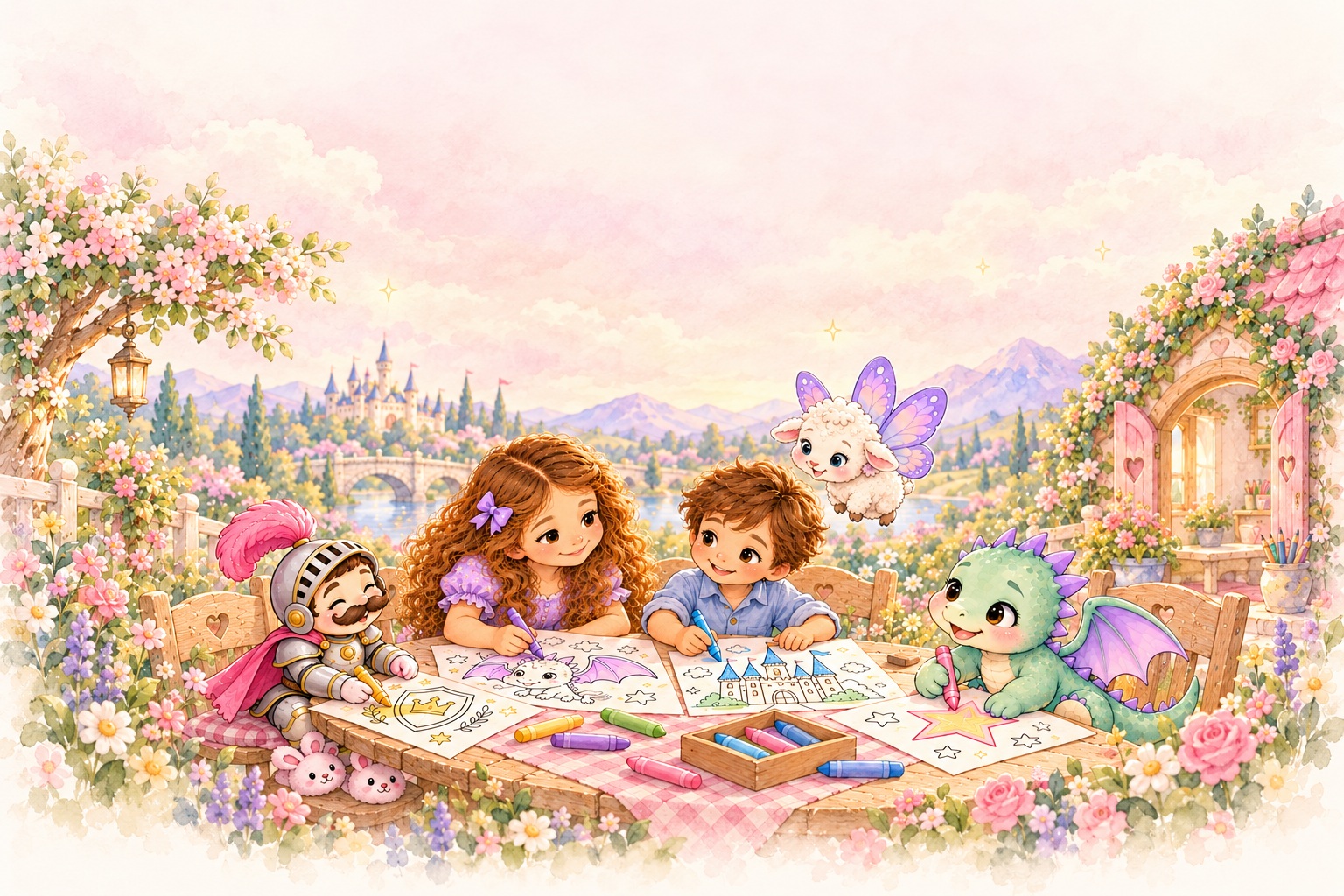 Ellie, Luke, Pip, and Sir Sniffles color together while the butterfly sheep watches in their watercolor garden art nook.