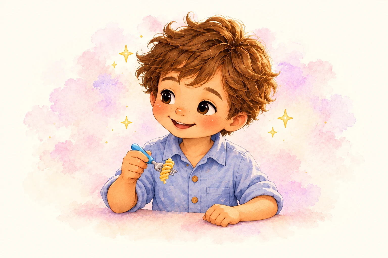 Luke smiles while holding his blue-handled fork.