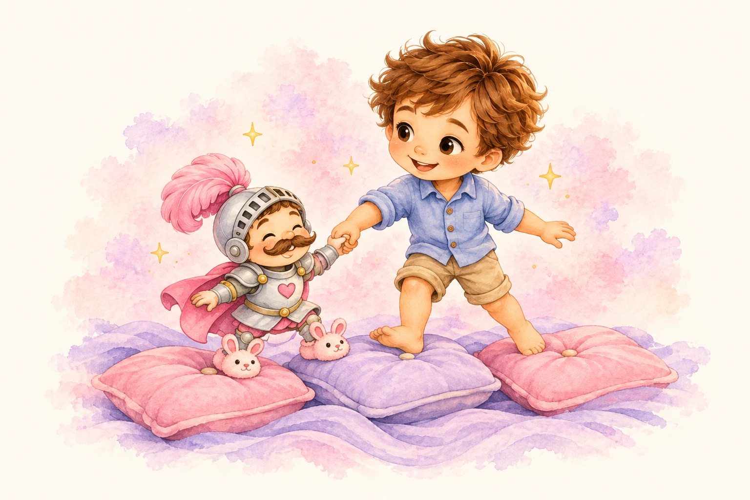Luke and Sir Sniffles crossing pink and lavender cushions together