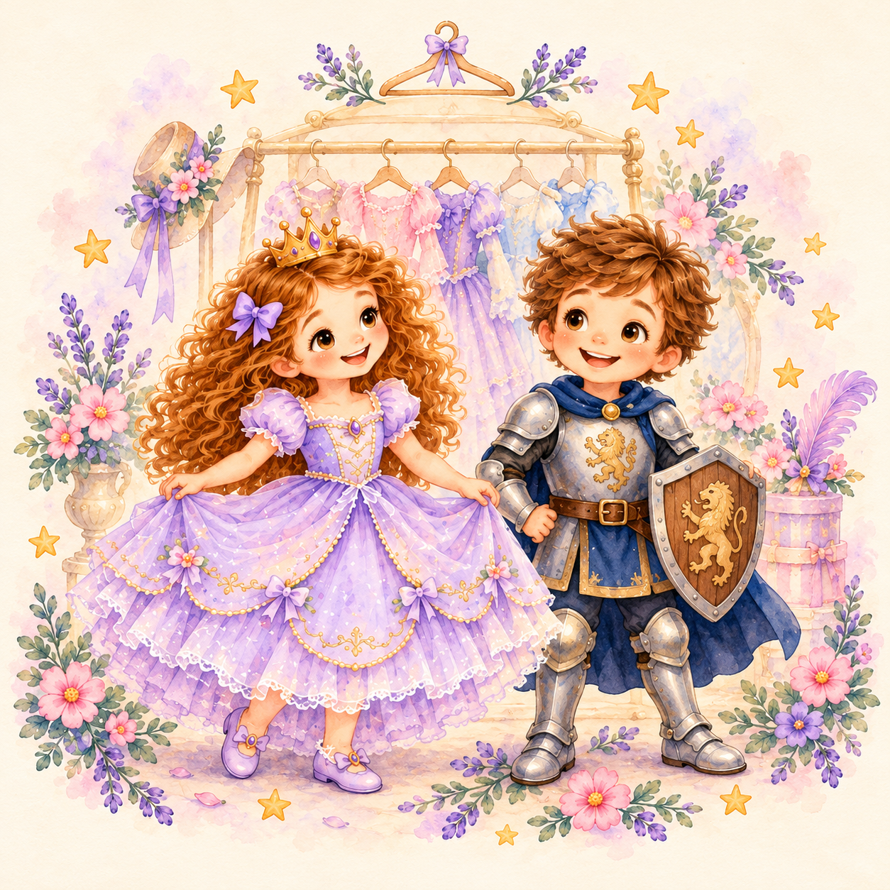 Ellie in a lavender ball gown and Luke in knight armor, ready for a dress-up adventure.