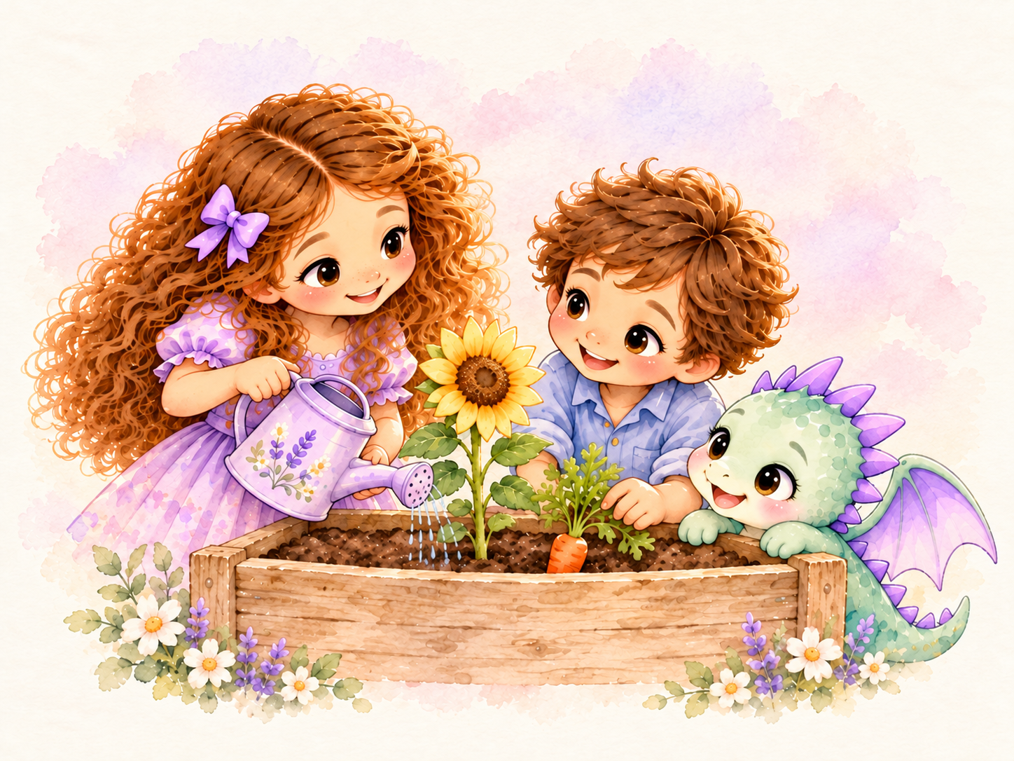 Ellie and Luke tend a planter with flowers and vegetables while Pip peeks around the side.