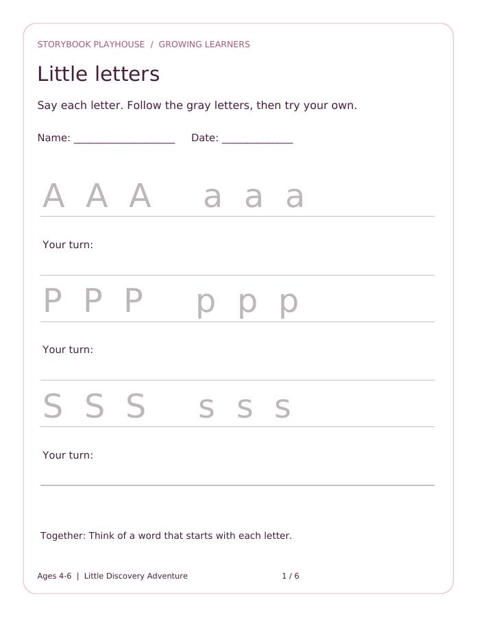 Preview of the letter practice page in the Growing Learners packet.