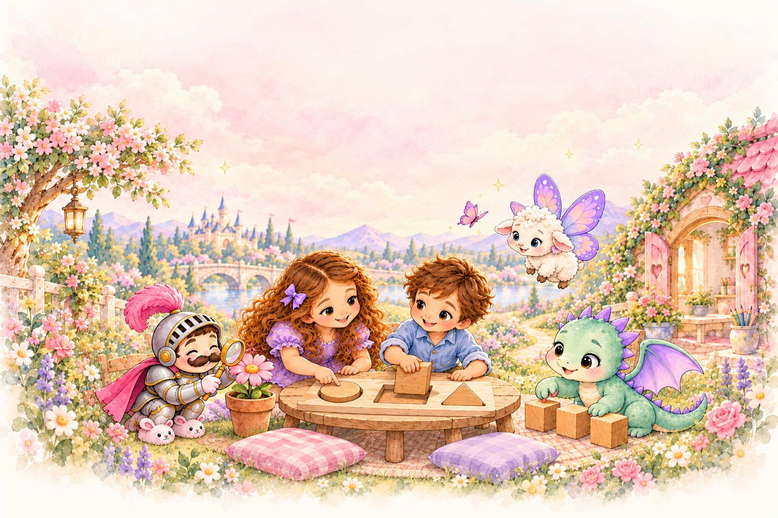 Ellie and Luke explore shapes, Pip counts blocks, and Sir Sniffles and the butterfly sheep discover the garden together.