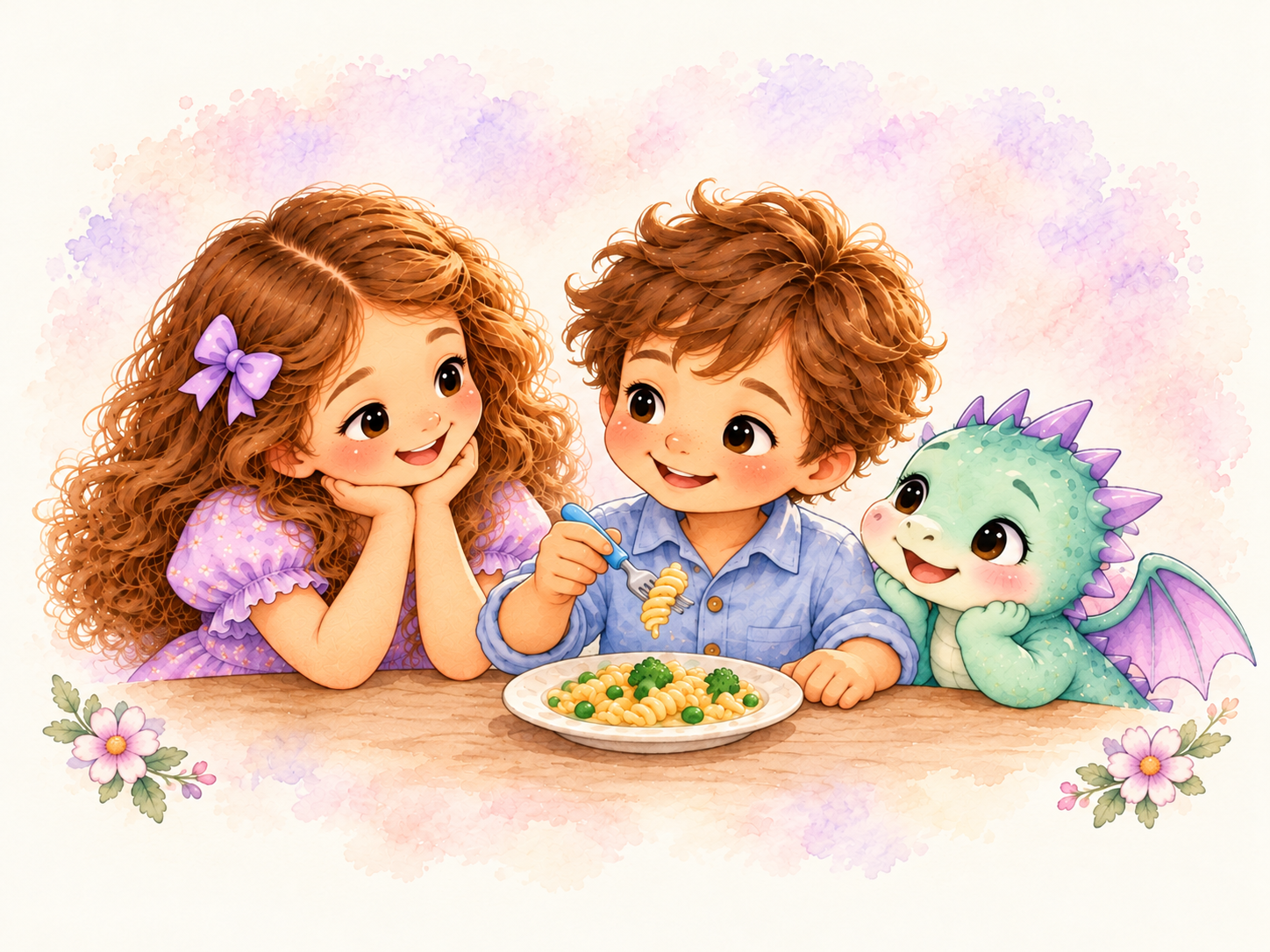 Luke practices mealtime skills with Ellie and Pip.