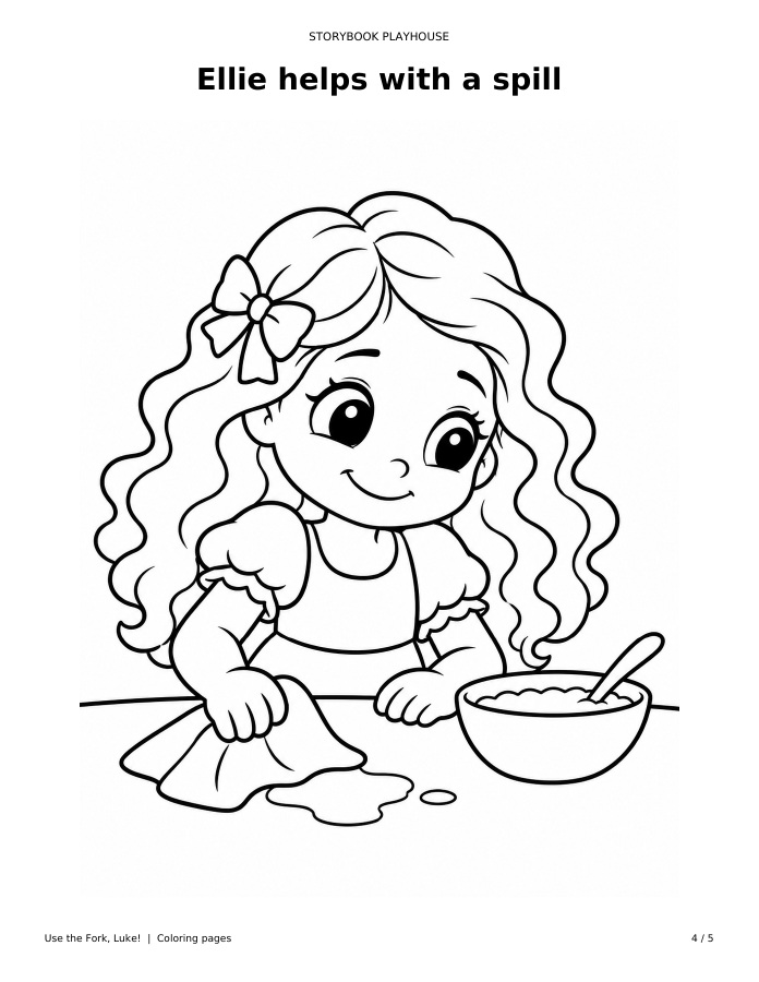 Black-and-white coloring page: Ellie helps with a spill