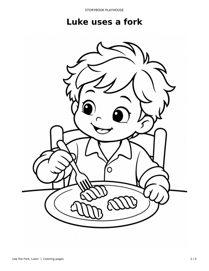 Black-and-white coloring page: Luke uses a fork