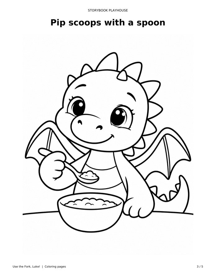 Black-and-white coloring page: Pip scoops with a spoon