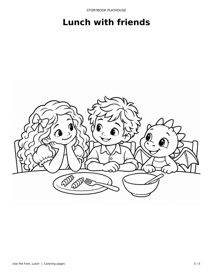 Black-and-white coloring page: Lunch with friends