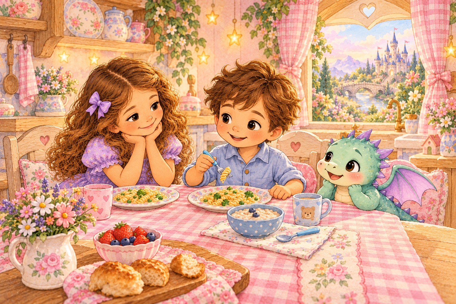 Luke learns to use his fork with Ellie and Pip at the Playhouse table.