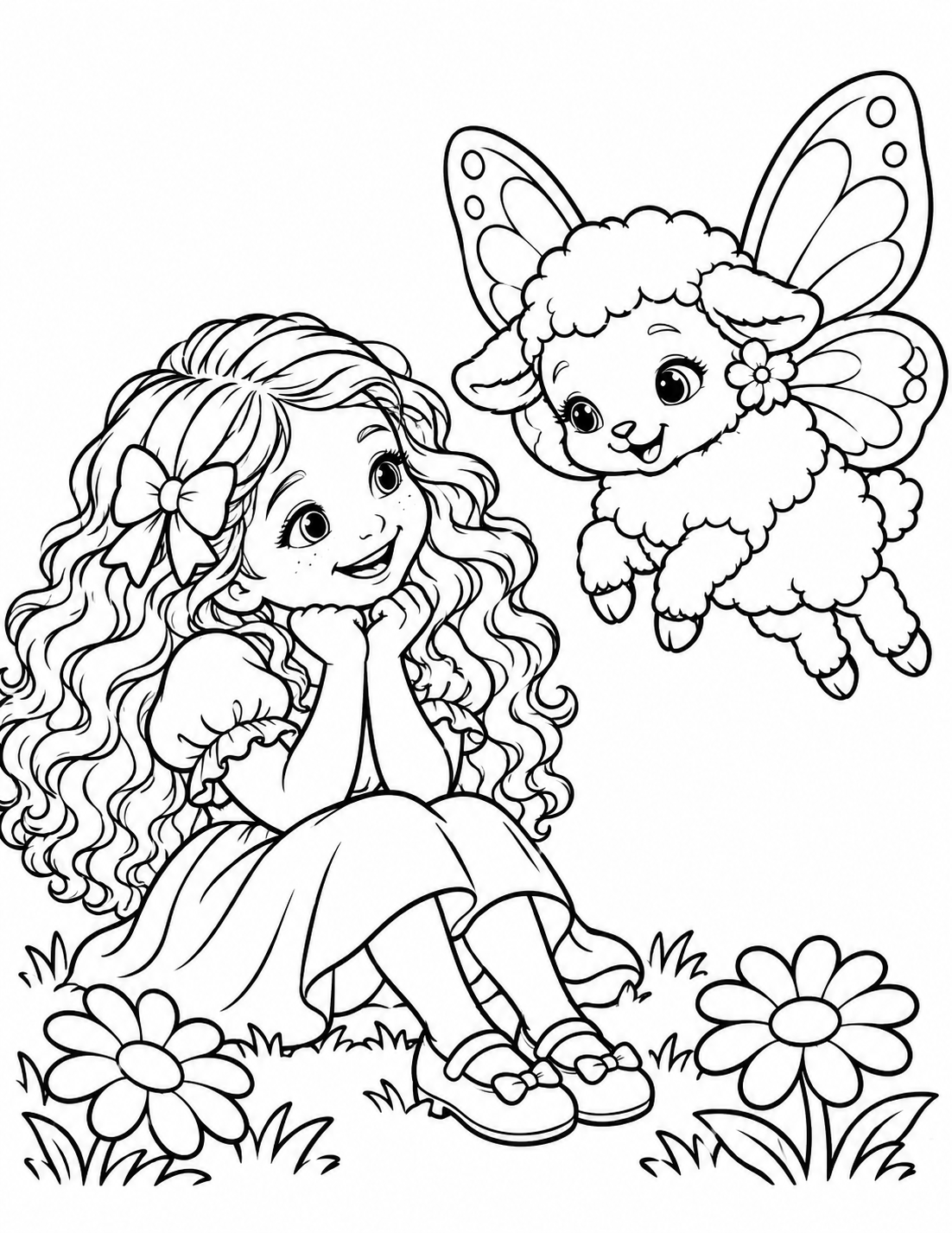 Black-and-white Ellie and the Butterfly Sheep coloring page