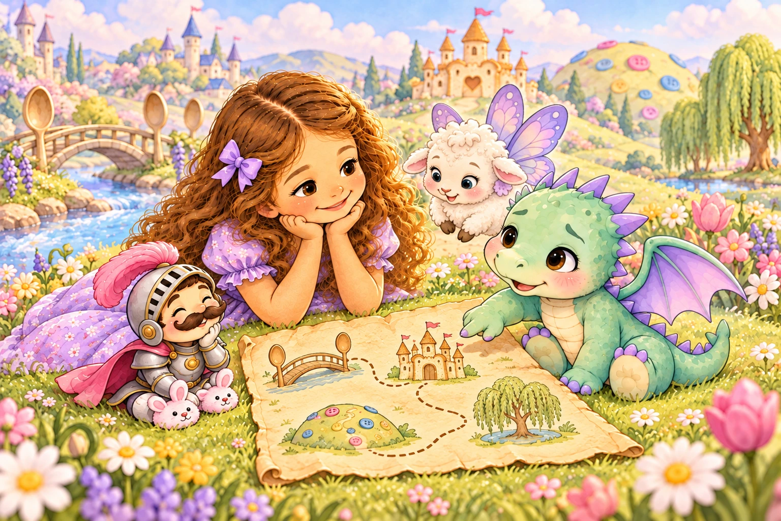Pip, Ellie, Sir Sniffles, and the butterfly sheep study a map of Snuggleton.