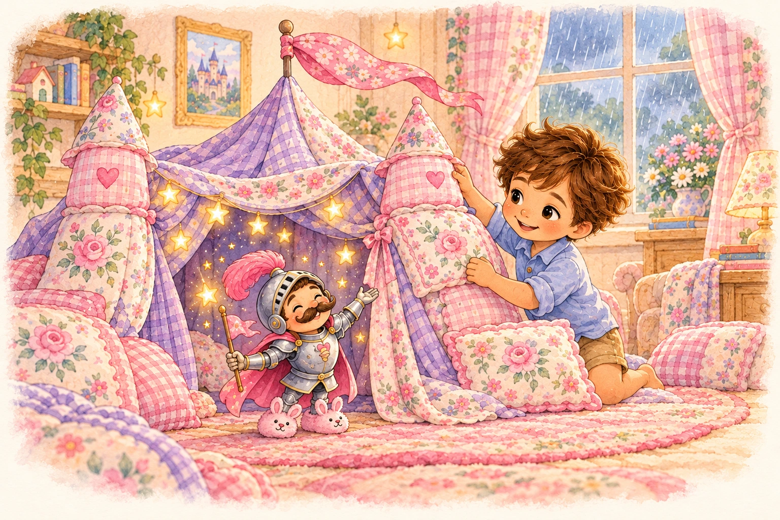 Luke builds a magical blanket castle with Sir Sniffles.