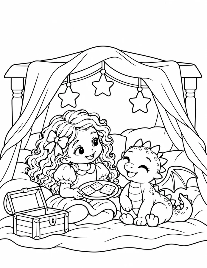 Black-and-white coloring page: The Cozy Dragon Lair