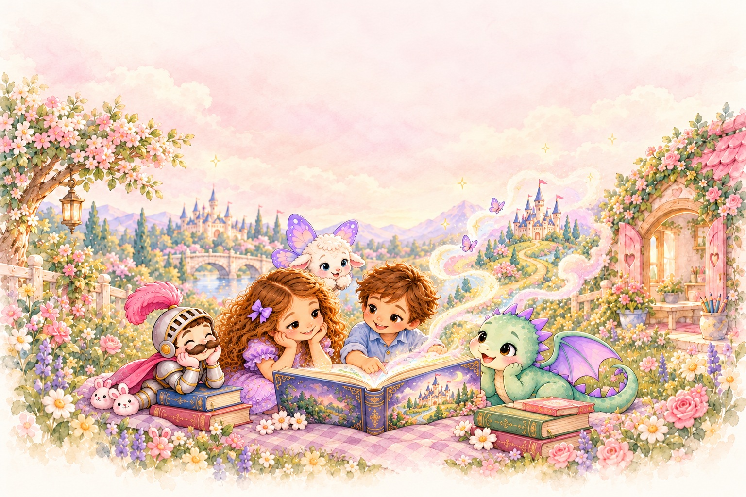 Ellie and Luke read an open storybook with Pip, Sir Sniffles in bunny slippers, and the butterfly sheep, imagining a castle adventure together.