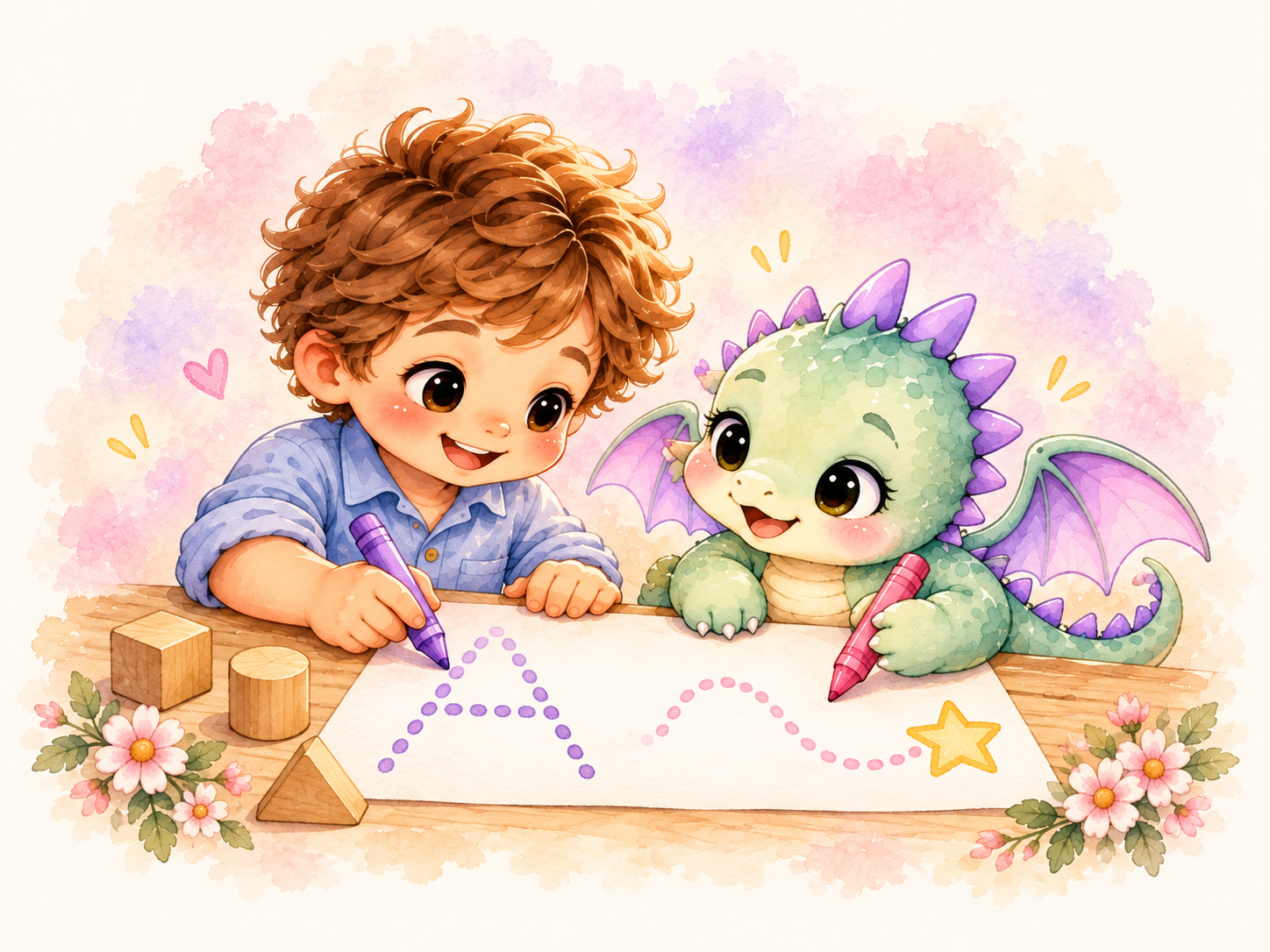 Luke and Pip trace a letter and a dotted path together.
