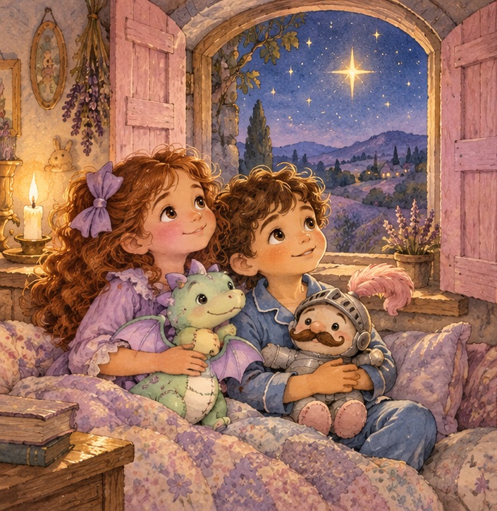 Ellie cuddles her stuffed dragon Pip and Luke holds his stuffed knight Sir Sniffles as they gaze at a star.